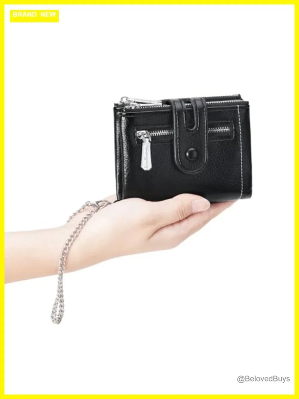 Small Womens Bifold Wallet Card Holder 2 Zipper Coin Pockets Detachable Chain